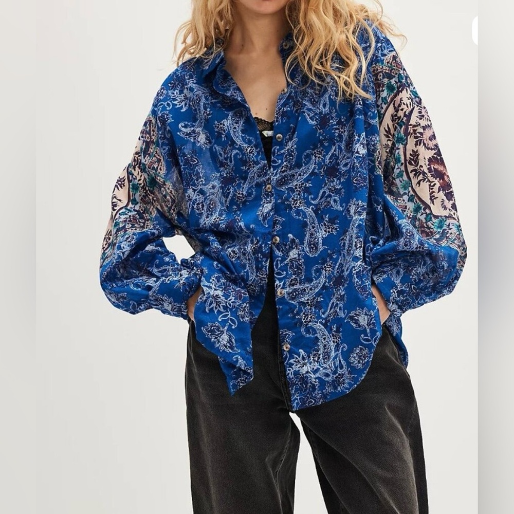 Free People Rose Bud Paisley Print Blue Blouse LongSleeve Size Medium